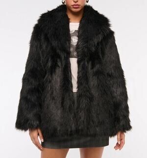 Abercrombie Womens Faux Fur Over Coat Shaggy S Black Glam Hollywood Statement